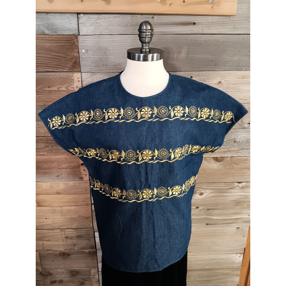 Vintage Adam Douglass Adrianna Papell Denim Top Sz. Lg. Gold Embroidery EUC